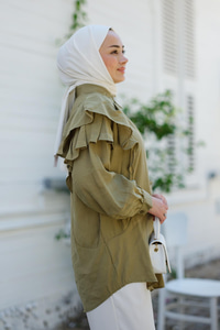 Gizli Düğmeli Püskül Detay Gömlek Haki Yeşil