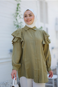 Gizli Düğmeli Püskül Detay Gömlek Haki Yeşil