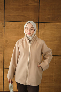 Gizli Fermuar Detay Deri Şeritli Ceket Vizon