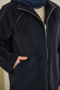 Gizli Fermuar Detay Deri Şeritli Ceket Lacivert