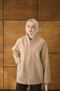 Gizli Fermuar Detay Deri Şeritli Ceket Vizon