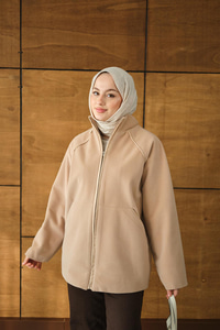 Gizli Fermuar Detay Deri Şeritli Ceket Vizon