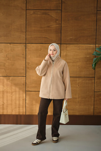 Gizli Fermuar Detay Deri Şeritli Ceket Vizon