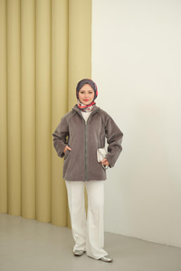 Gizli Fermuar Detay Deri Şeritli Ceket Gri