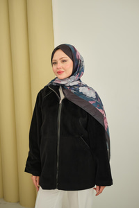 Gizli Fermuar Detay Deri Şeritli Ceket Siyah