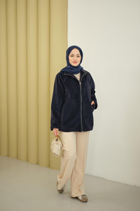 Gizli Fermuar Detay Deri Şeritli Ceket Lacivert