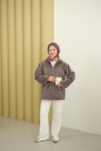 Gizli Fermuar Detay Deri Şeritli Ceket Gri