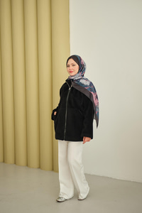 Gizli Fermuar Detay Deri Şeritli Ceket Siyah