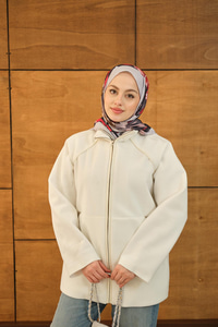 Gizli Fermuar Detay Deri Şeritli Ceket Beyaz