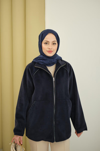 Gizli Fermuar Detay Deri Şeritli Ceket Lacivert