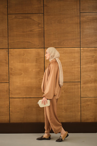 Gizli Fermuar Detay Takım Camel