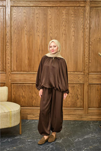 Gizli Fermuar Detay Takım Kahverengi