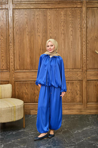 Gizli Fermuar Detay Takım Saks Mavi