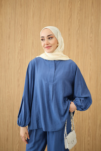 Gizli Fermuar Detaylı Müslin Takım Mavi