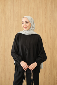 Gizli Fermuar Detaylı Müslin Takım Siyah