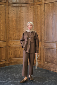 Gizli Fermuar Detaylı Takım Kahverengi