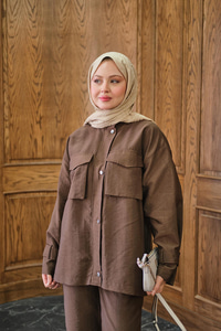 Gizli Fermuar Detaylı Takım Kahverengi