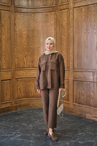 Gizli Fermuar Detaylı Takım Kahverengi