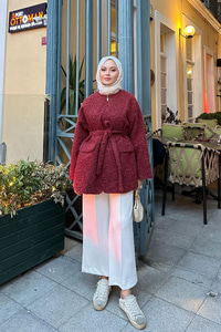 Gizli Fermuarlı Detay Bel Bağlamalı Ceket Bordo