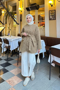 Gizli Fermuarlı Detay Bel Bağlamalı Ceket Vizon