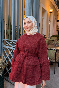 Gizli Fermuarlı Detay Bel Bağlamalı Ceket Bordo