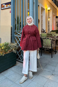 Gizli Fermuarlı Detay Bel Bağlamalı Ceket Bordo