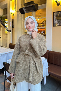 Gizli Fermuarlı Detay Bel Bağlamalı Ceket Vizon