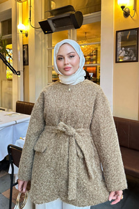 Gizli Fermuarlı Detay Bel Bağlamalı Ceket Vizon