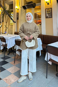 Gizli Fermuarlı Detay Bel Bağlamalı Ceket Vizon