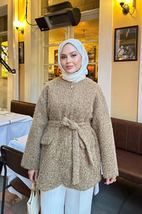 Gizli Fermuarlı Detay Bel Bağlamalı Ceket Vizon