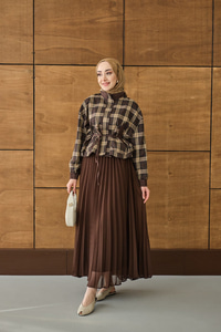 Gizli Fermuarlı Ekose Desen Eteği Tül Ve Pilise Detay Takım Kahverengi