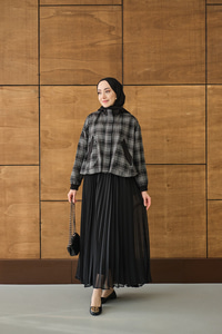 Gizli Fermuarlı Ekose Desen Eteği Tül Ve Pilise Detay Takım Siyah