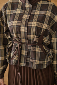 Gizli Fermuarlı Ekose Desen Eteği Tül Ve Pilise Detay Takım Kahverengi