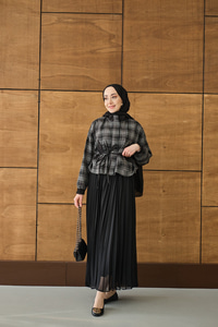 Gizli Fermuarlı Ekose Desen Eteği Tül Ve Pilise Detay Takım Siyah