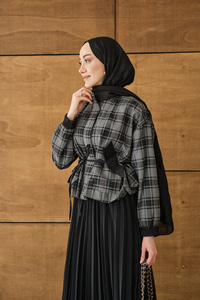 Gizli Fermuarlı Ekose Desen Eteği Tül Ve Pilise Detay Takım Siyah