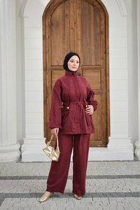 Gizli Fermuarlı Kemerli Pantolonlu Takım Bordo