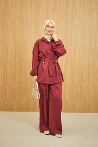 Gizli Fermuarlı Kemerli Pantolonlu Takım Bordo