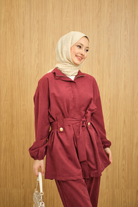 Gizli Fermuarlı Kemerli Pantolonlu Takım Bordo