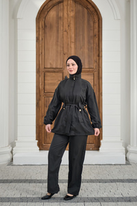 Gizli Fermuarlı Kemerli Pantolonlu Takım Siyah