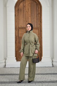 Gizli Fermuarlı Kemerli Pantolonlu Takım Küf Yeşil