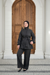 Gizli Fermuarlı Kemerli Pantolonlu Takım Siyah