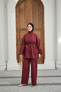 Gizli Fermuarlı Kemerli Pantolonlu Takım Bordo