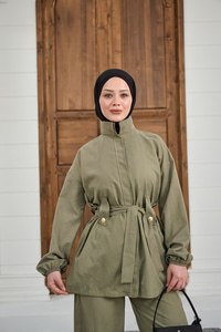 Gizli Fermuarlı Kemerli Pantolonlu Takım Küf Yeşil