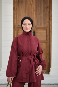 Gizli Fermuarlı Kemerli Pantolonlu Takım Bordo