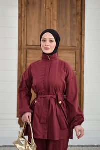 Gizli Fermuarlı Kemerli Pantolonlu Takım Bordo