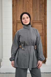 Gizli Fermuarlı Kemerli Pantolonlu Takım Füme