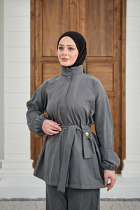 Gizli Fermuarlı Kemerli Pantolonlu Takım Füme