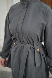 Gizli Fermuarlı Kemerli Pantolonlu Takım Füme