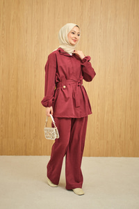 Gizli Fermuarlı Kemerli Pantolonlu Takım Bordo