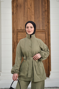 Gizli Fermuarlı Kemerli Pantolonlu Takım Küf Yeşil